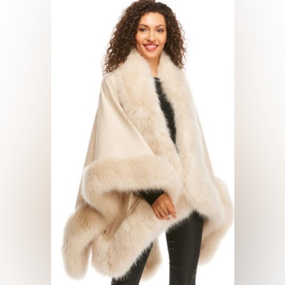 Champagne Faux Fox Fur-Trimmed Shawl